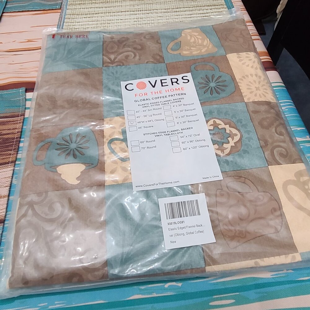 Global Coffee Patterned Oblong Oval Fitted Flannel Back Tablecloth NEW